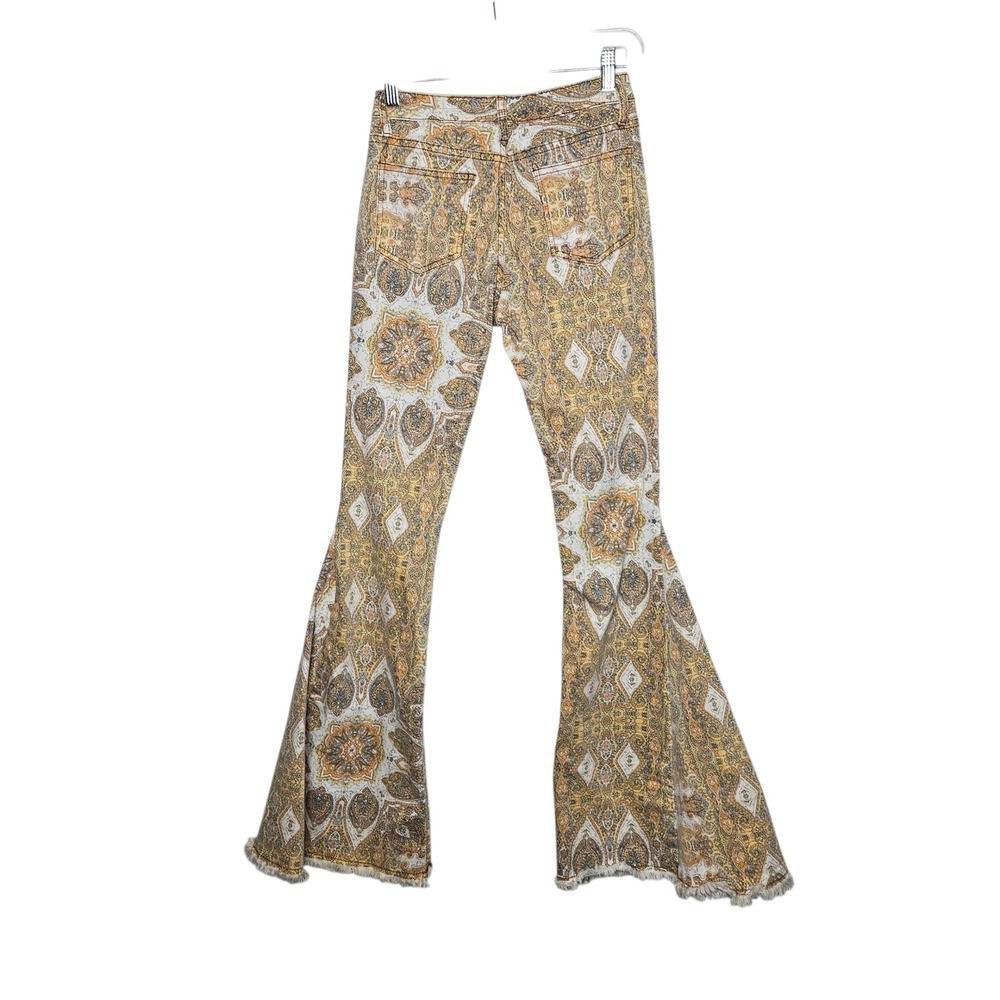 Wisteria Lane Flare Jeans Boho Paisley Print Frayed‎ Hem High Rise Festival S
